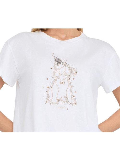T-shirt da donna manica corta in cotone, con  strass, colore bianco LIU JO | MF5412-JS923M9789